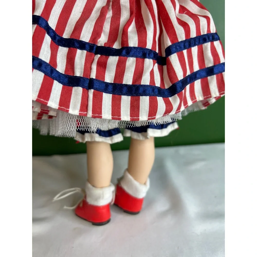 Vintage Porcelain Doll Patriotic USA Americana Red White Blue Auburn Hair 12in